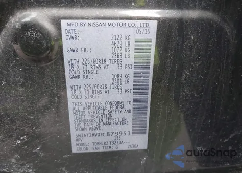 2015 Nissan Rogue Sl z USA, uszkodzony, nr VIN 5N1AT2MV0FC879953